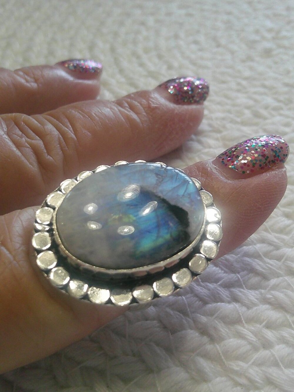 Beautiful RAINBOW MOONSTONE Handmade Sterling 925Ring Size 9 #385F